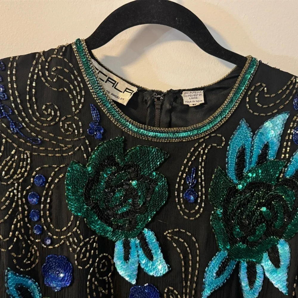 VTG Scala Beaded Silk Blouse Long Sleeve Elegant Party Sparkle Top Blue Purple - Picture 6 of 16